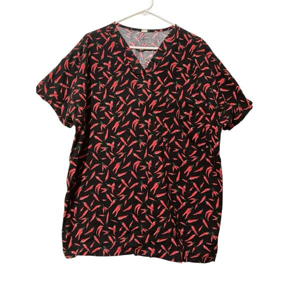 Scrubs Of Key West Womens Top XL Chili Peppers Black Red V-Neck Cotton USA - Picture 1 of 5